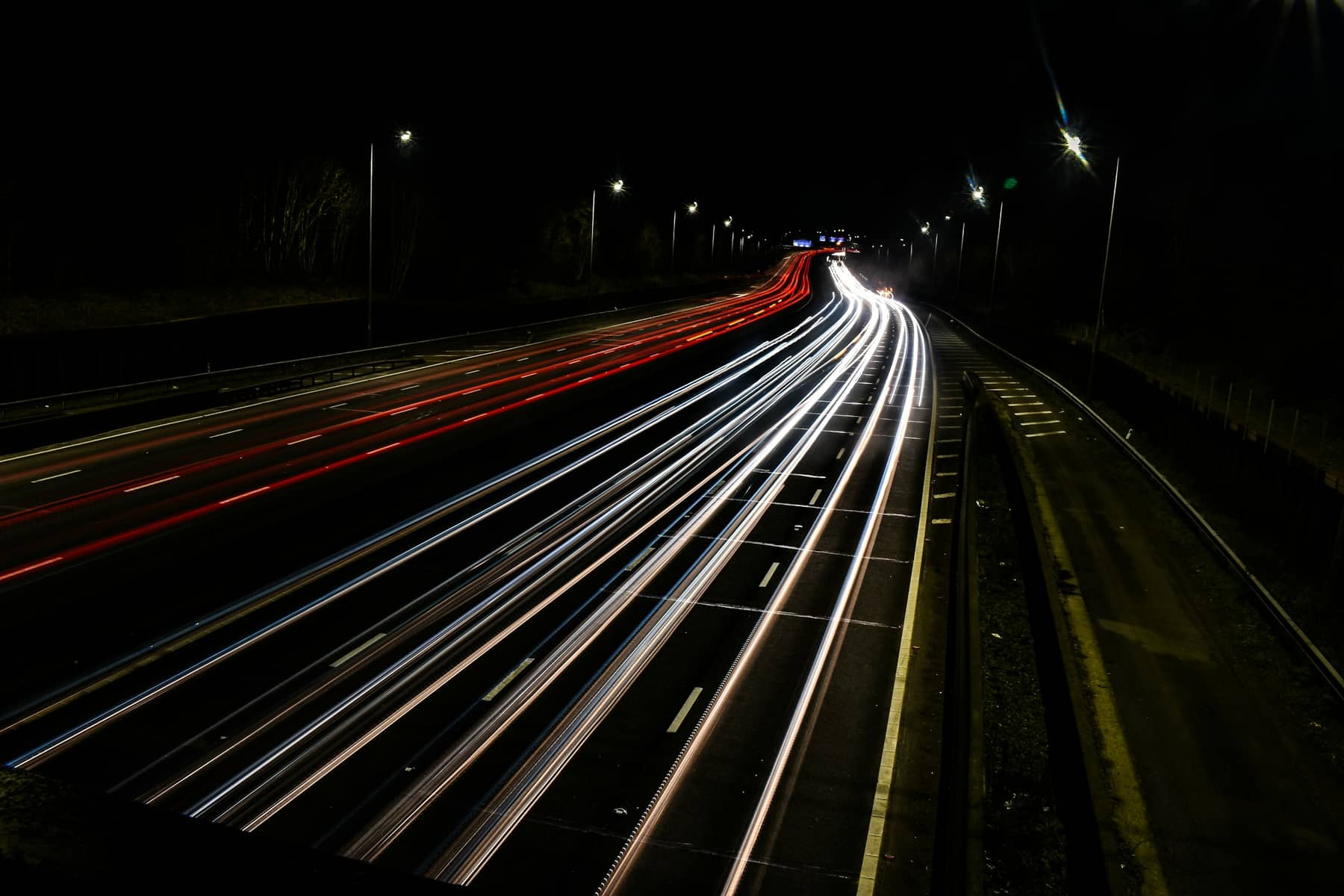 Headlight trails on a UK motorway at night